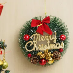 eCraftIndia Green & Red Merry Christmas Wreath With Berries Ball Flowers Ribbon Christmas-24