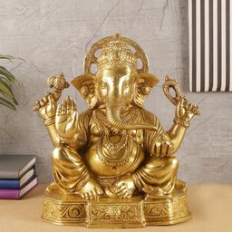 Two Moustaches Gold Toned Handcarved Brass Lord Ganesha Statue Showpiece-image-56