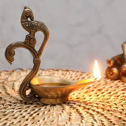 Two Moustaches Ethnic Curved Peacock Handle Design Brass Diya-31