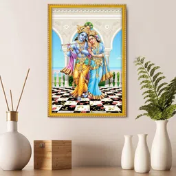 999Store Blue & Yellow Wall Photo Frame with Lord Radha Krishna Photo Painting-21