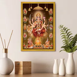 999Store Gold Toned & Maroon Nav Durga Mata Rani Photo Painting Wall Art-image-86