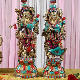 Two Moustaches Gold Toned 2 Pieces Gemstone Finished Radha Krishna Brass Showpiece-image-37