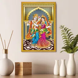 999Store Beige & Blue Lord Radha Krishna Framed Painting Wall Art-image-96