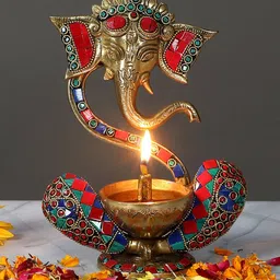 Two Moustaches Gemstone Work Brass Blessing Ganesha With Diya On Lap-image-65
