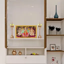 999Store Brown & Golden Lakshmi and Saraswati Mata With Ganesh Photo Frame Wall Art-11