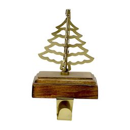 Hind Decor Gold-Toned & Brown Rotating Christmas Tree On Wooden Stocking Holder-5