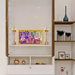 999Store Blue & Gold Toned Goddess Saraswati Mata Lakshmi Mata With Ganesh Wall Art-image-84