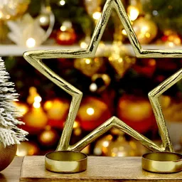 Hind Decor Gold Toned Star-Shaped Christmas Candle Holder-12