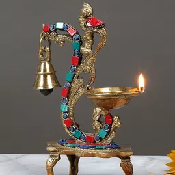 Two Moustaches Gold-Toned Carved Peacock Design Brass Diya With Bell-image-32