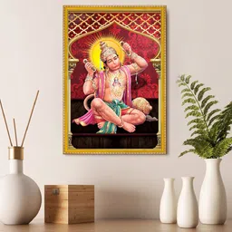 999Store Gold Toned & Red Lord Hanuman Photo Painting Wall Art-55