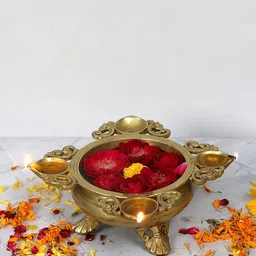 Two Moustaches Gold-Toned Brass Urli With 4 Diyas-image-46