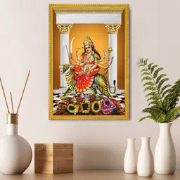 999Store Beige & Red Sherawali Mata Sitting On Tiger Photo Painting With Photo Frame-image-100