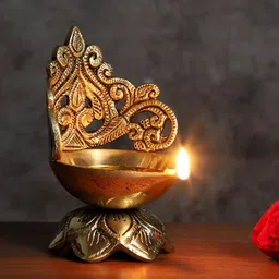 Two Moustaches Gold Toned Ethnic Carved Floral Design Brass Diya-image-34