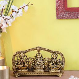 Two Moustaches Gold-Toned Aluminium Laxmi Ganesh Saraswati Idol Showpiece-image-58