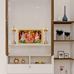 999Store Brown & Golden Goddess Lakshmi Saraswati Mata With Ganesh Photo Frame Wall Art-4