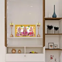 999Store White & Golden Lord Ganesh Lakshmi With Saraswati Mata Photo Frame Wall Art-0