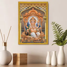 999Store Beige & Orange Colored Lord Ganesha Photo Painting Wall Art-42