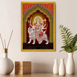999Store Red & Green Sherawali Mata Painting With Photo Frame-54