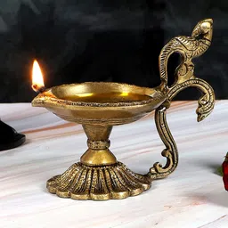 Two Moustaches Gold Toned Ethnic Curved Peacock Handle Design Brass Diya-image-33