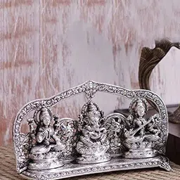 Two Moustaches Silver-Toned Aluminium Laxmi Ganesh Saraswati Idol Showpiece-image-38