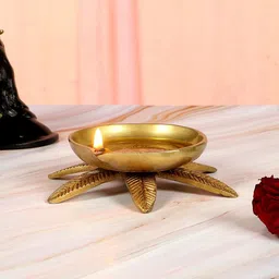 Two Moustaches Gold-Toned Brass Oil Diya Bowl Over Five Leaves Base-image-32