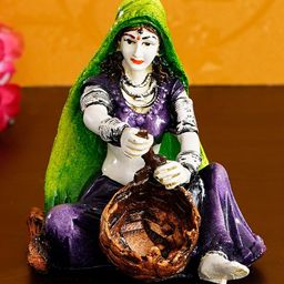 eCraftIndia Green & White Rajasthani Lady Creating Craft Product Handcrafted Showpiece-image-58