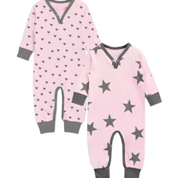 A.T.U.N. Infant Kids Pack Of 2 Pink & Charcoal Grey Printed Pure Cotton Rompers-image-30