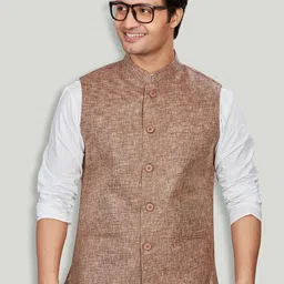 Authentics Woven Design Mandarin Collar Nehru Jacket-7