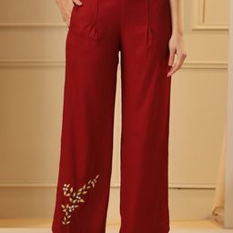 SANSKRUTIHOMES Women Maroon Floral Printed Straight Fit Parallel Trousers-image-57