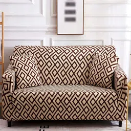HOUSE OF QUIRK Beige & Maroon Geometric Printed Two Seater Sofa Cover With Arms-image-94