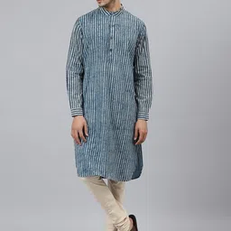 Fabindia Men Blue & Black Striped Cotton Kurta-image-23