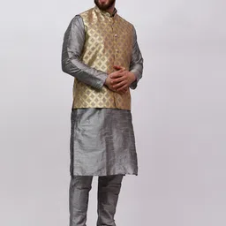 MAG Men Green Regular Dupion Silk Kurta Set with Box Jacket image 5