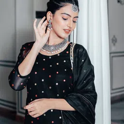 Thread & Button Women Black Mirror Work Silk Georgette Kurti with Salwar & With Dupatta image 5