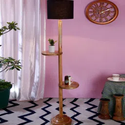 New Era Black Cotton Drum Shade Wood Natural Table Floor Lamp by New Era-picture-5