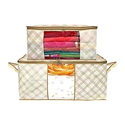 Kuber Industries Yellow 2 Pieces Rectangular Checked Print Non Woven Saree Organisers image 5