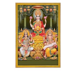 999Store Yellow & Red Lakshmi Showering Money With Ganesha & Saraswati Photo Frame image 2