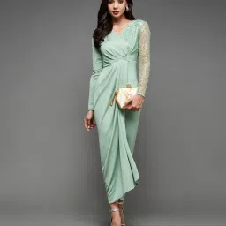Women Pleated Green Maxi/Full Length Dress-image-90