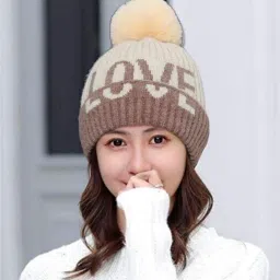 Women's stylish winter woolen cap soft warm fur inside pom-pom on top for girls Woven Beanie-picture-21