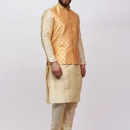MAG Mandarin Collar Regular Dupion Silk Kurta with Churidar & Woven Design Nehru Jacket image 3