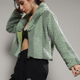 Campus Sutra Self Design Windcheater Crop Fleece Front Open Jacket image 5