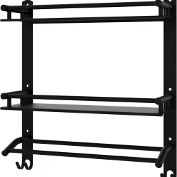 3 Layer Multipurpose bathroom shelf/rack, with double towel rod and 2 dual hooks BLACK MATTE Towel Holder-18
