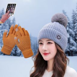 reffer Women winter woolen smiley caps ( Fur inside ) touchscreen gloves set for girls Woven Beanie-picture-1