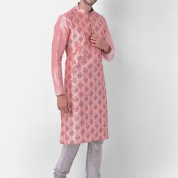 DEYANN Men Peach-Coloured & Grey Printed Regular Dupion Silk Kurta with Churidar image 5