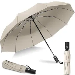 8 Ribs Compact Folding Umbrella for Heavy Rain – Big Size for All Ages (Beige) Umbrella-image-67