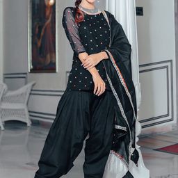 Thread & Button Women Black Mirror Work Silk Georgette Kurti with Salwar & With Dupatta image 3