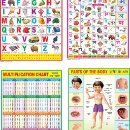 Combo of 4 Chart English Alphabet, Hindi Varnmala, multiplication & Part of the Body Chart For Kids | 28x40Inch (70x100cm)| Laminated chart | Waterproof and Non tearable Wall Chart. Paper Print-1