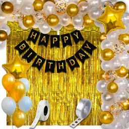 Solid Golden and White Birthday Decoration Items Set Kit Combo for WIfe, Husband, Kids Balloon-2