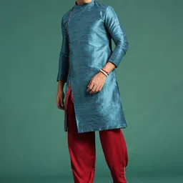 Sangria Blue Band Collar Angrakha Art Silk Kurta-picture-15