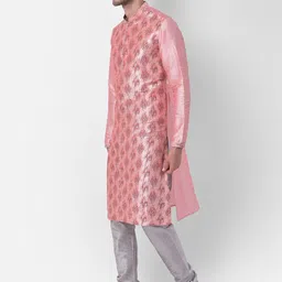 DEYANN Men Peach-Coloured & Grey Printed Regular Dupion Silk Kurta with Churidar image 2