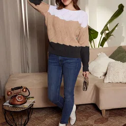 Berrylush White & Brown Colourblocked Tound Neck Acrylic Pullover Sweater-image-13